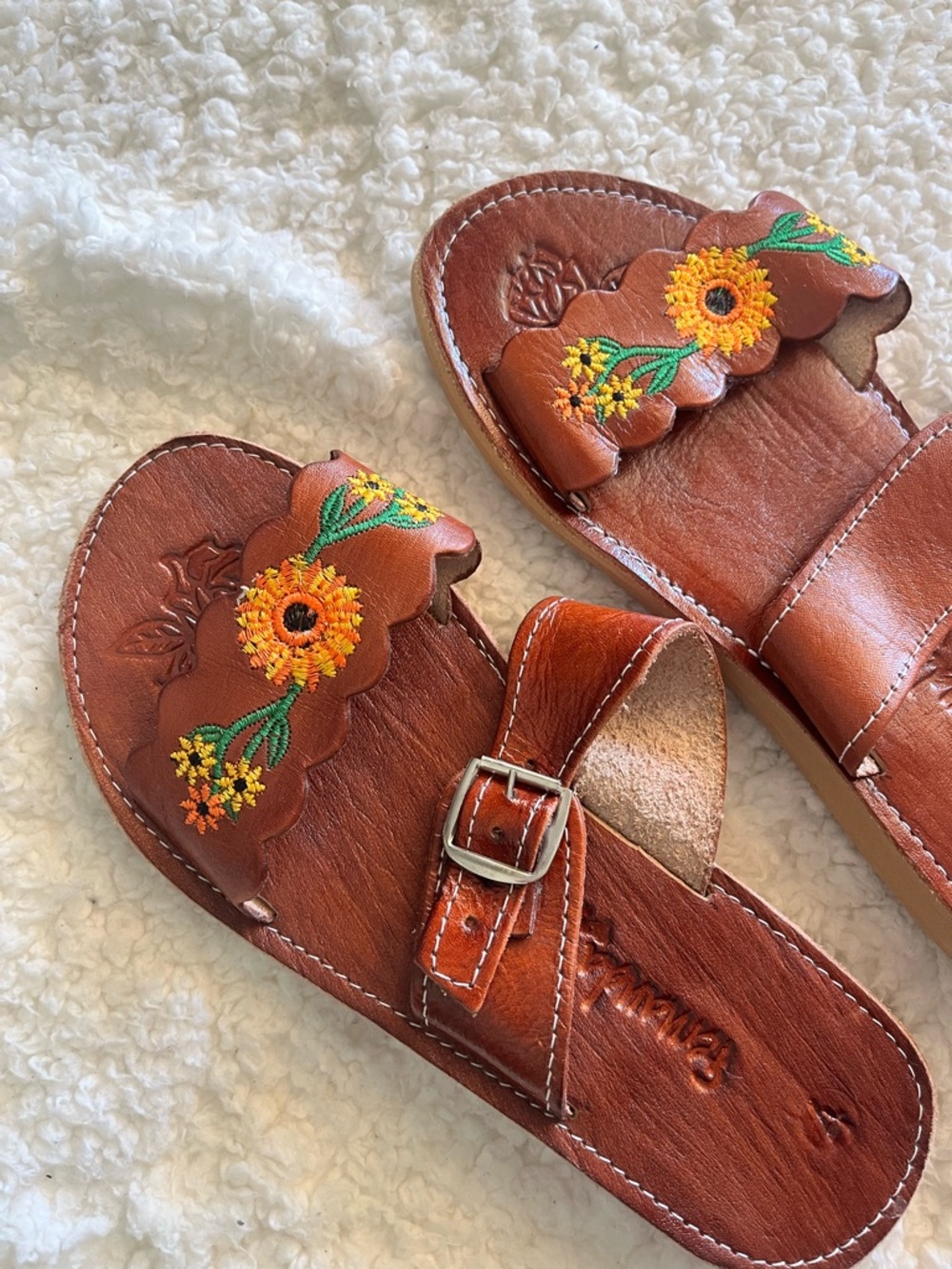 Brown Leather Slide Sandals with Sunflower Embroidery - Picture 2 of 3